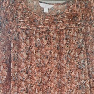 Floral Ruffle Blouse With Pleating.Sheer Pattern With Rabbits.